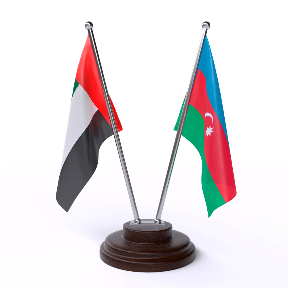 UAE and Azerbaijan, two table flags on white background